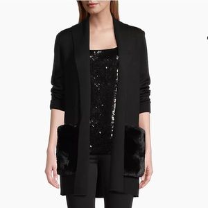 NWT Kobi Halperin Fur Pocket Bowie Shawl Open Cardigan Sweater long sleeve Top